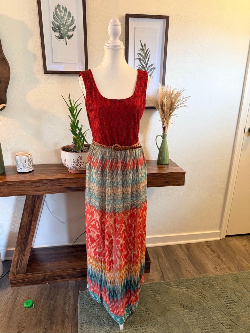 Red Boho Print Maxi Dress Double Slit Belted Festival Size S